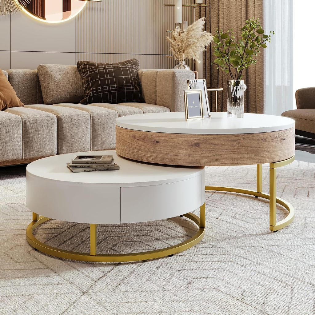 Modern Round Lift-top Nesting Coffee Tables with 2 Drawers for Living Room White & Natural