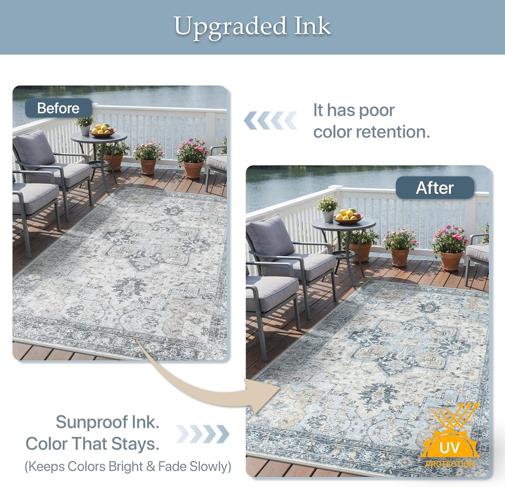 GENIMO 5x8 Outdoor Rug, Washable for Patio and Deck, Blue