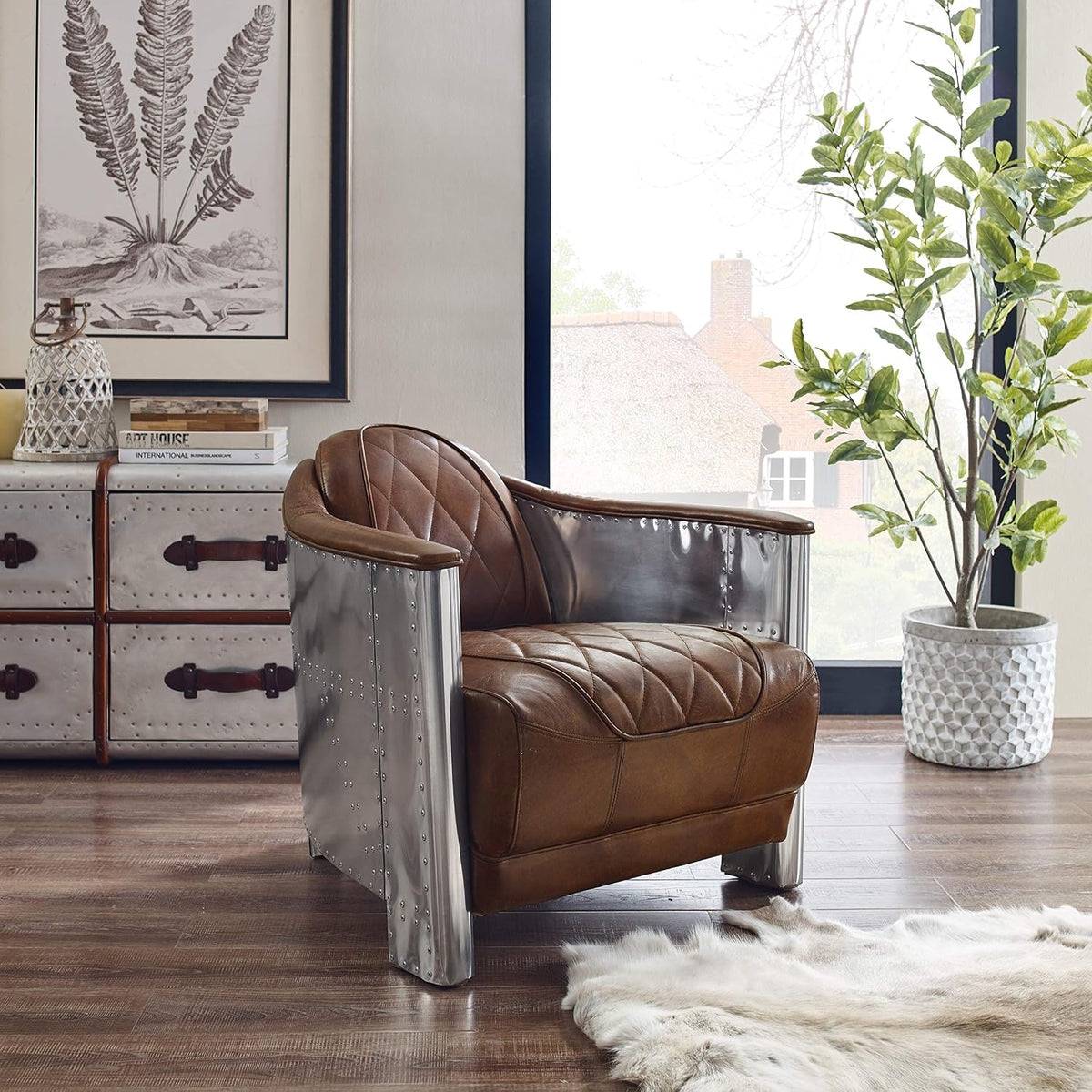 Art Leon Mid Century Industrial Genuine Leather Accent Club Chair Cognac