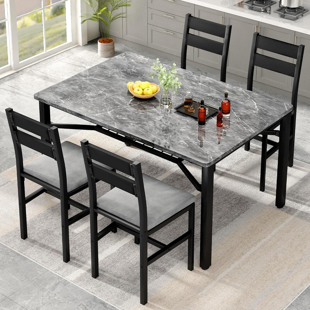 Hooseng 5 Piece Dining Table Set for 4, Modern Kitchen Table with Storage Rack and 4 Upholstered Chairs, Faux Marble Dining Room Table Set for Apartment, Small Spaces (Gray)