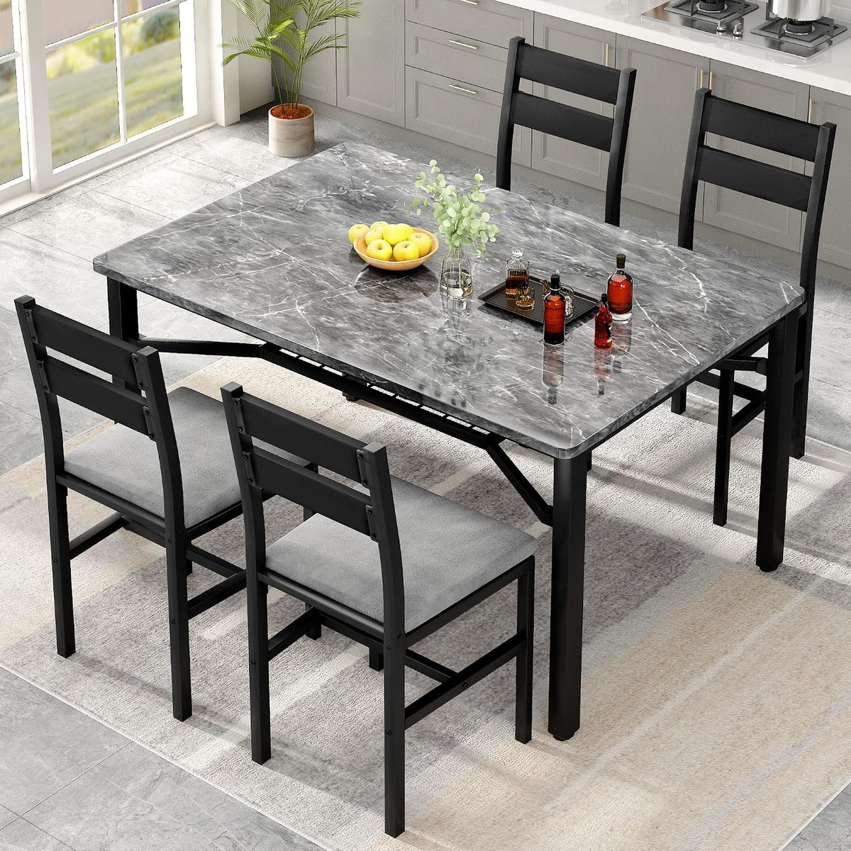 Hooseng 5 Piece Dining Table Set for 4, Modern Kitchen Table with Storage Rack and 4 Upholstered Chairs, Faux Marble Dining Room Table Set for Apartment, Small Spaces (Gray)