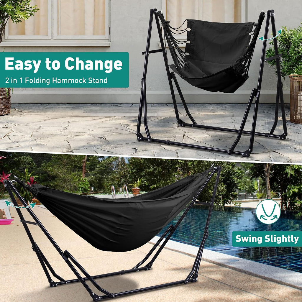 Ainfox Hammock with Foldable Stand, 2 in 1 Hammock and Swinging Chair with Carrying Bag, Portable Camping Chair Suitable for Outside, Swing,Patio,Garden,Camping Trip Black