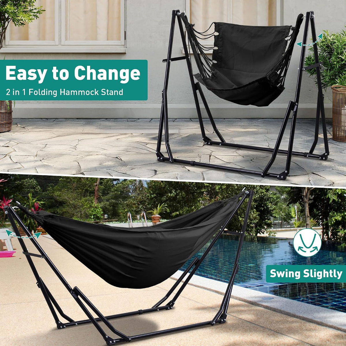Ainfox Hammock with Foldable Stand, 2 in 1 Hammock and Swinging Chair with Carrying Bag, Portable Camping Chair Suitable for Outside, Swing,Patio,Garden,Camping Trip Black