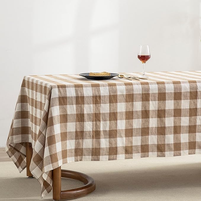 EVERLY 100% Yarn-Dyed Linen Rectangle Tablecloths 60x108Inches for Dining,Buffet Parties,Picnic,Events and Restaurants,Decorative Halloween,Thanksgiving Machine Washable Tablecloths-Brown Plaid