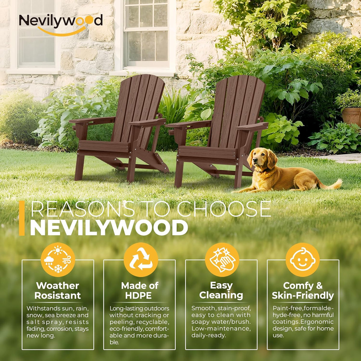 nevilywood Folding Adirondack Chairs Set of 2, HDPE Cup Holders, Coffee