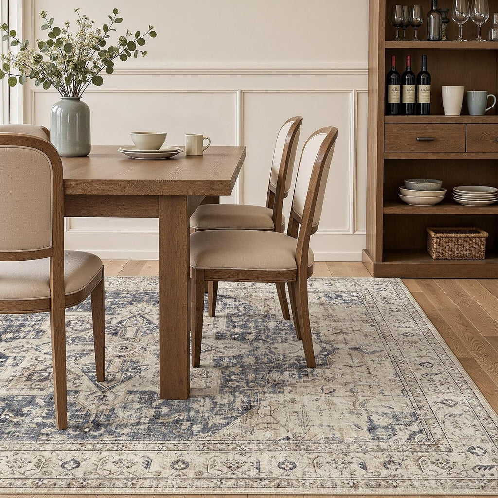 Tortania Area Rug 5x7 Living Room Rug Washable Soft Cream/Blue
