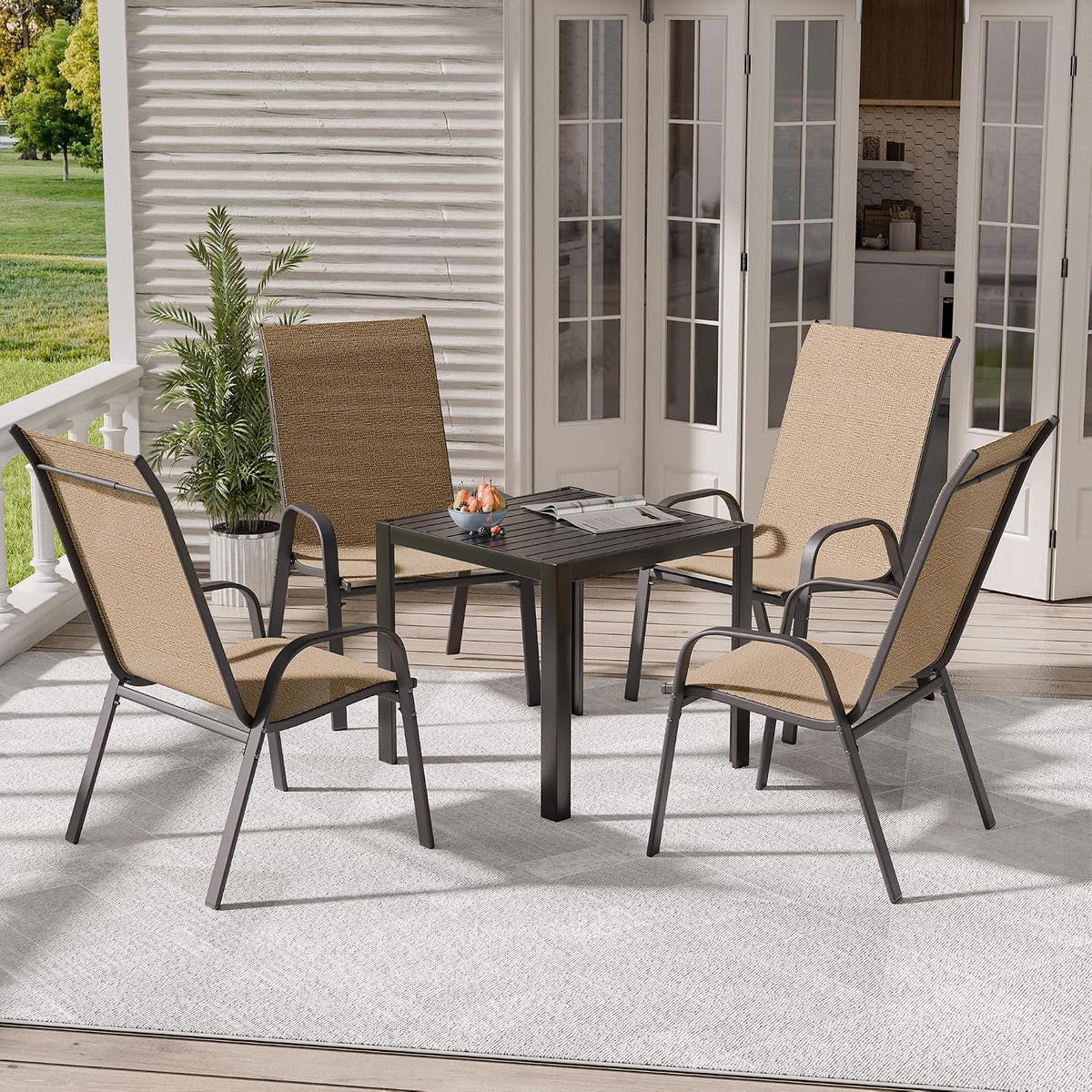 Patio Chairs Set of 4, Outdoor Dining Chairs Stackable for All Weather, Breathable Metal Modern Outside Furniture Chair for Pool Side, Garden, Backyard Deck, Brown