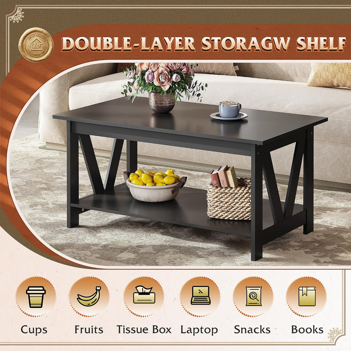 WLIVE 39.4" Farmhouse Coffee Table, Wood Center Table Storage Black