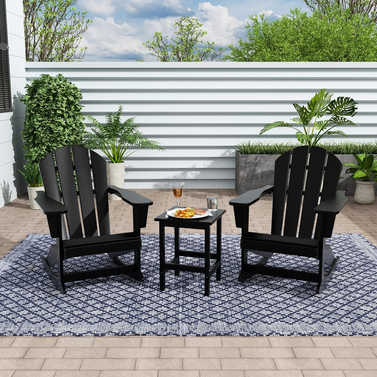 WestinTrends Malibu 3-Piece Set Outdoor/Patio Poly Adirondack Rocking Chairs with a Side Table (2 Seater), Black