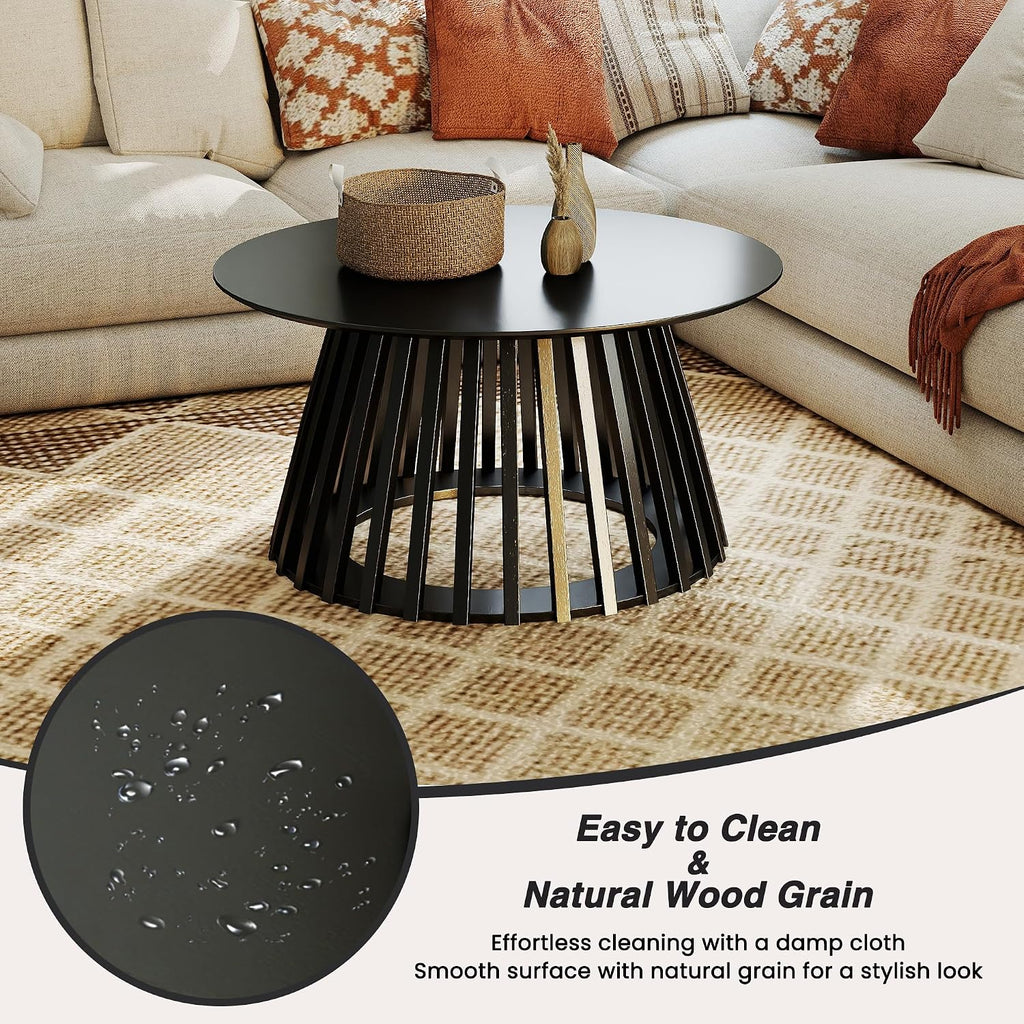 HNY Black Round Coffee Table, Wood 31.5" Center Table for Living Room