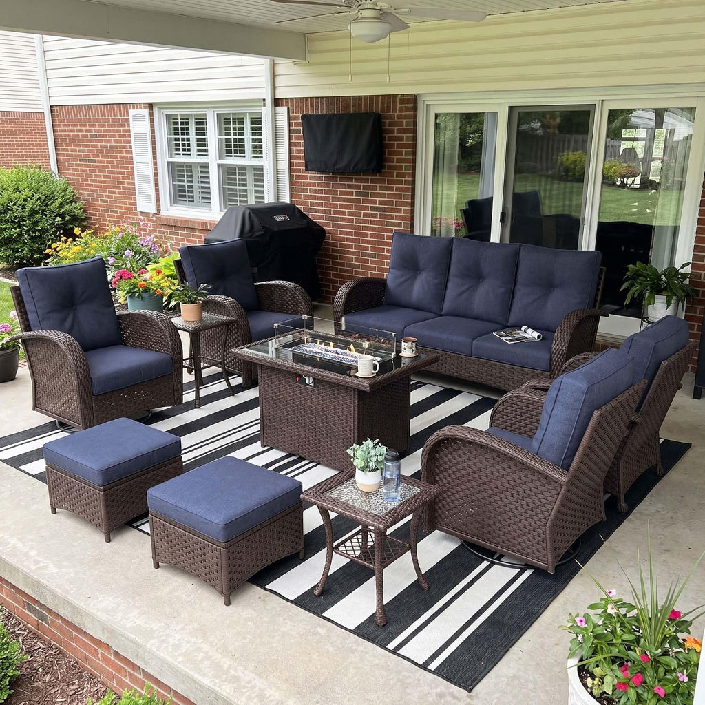 LayinSun 10 Pieces Outdoor Patio Furniture Set with Fire Pit Table