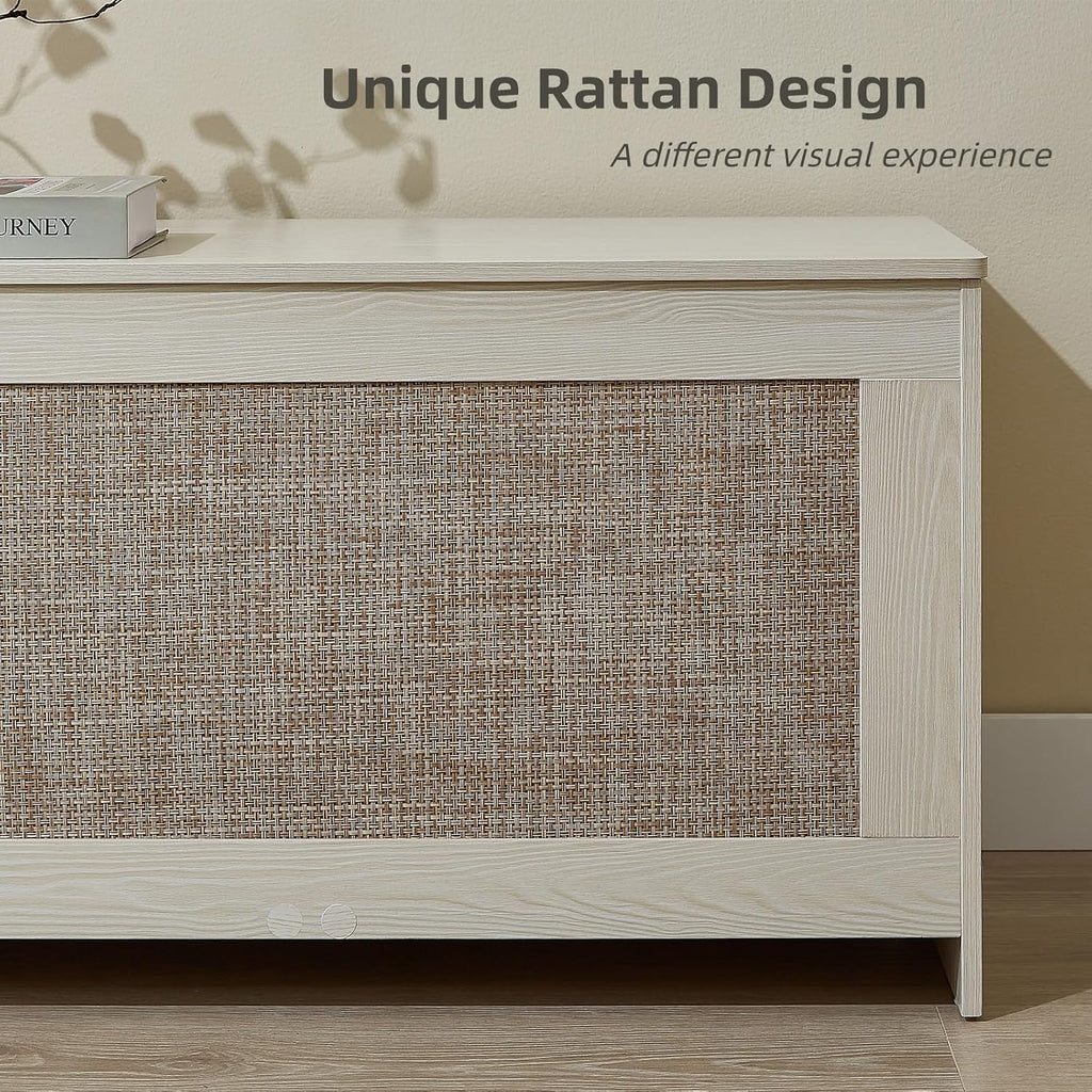 51.2" Storage Chest Large,Wooden Rattan Storage Bench.(White Cream)