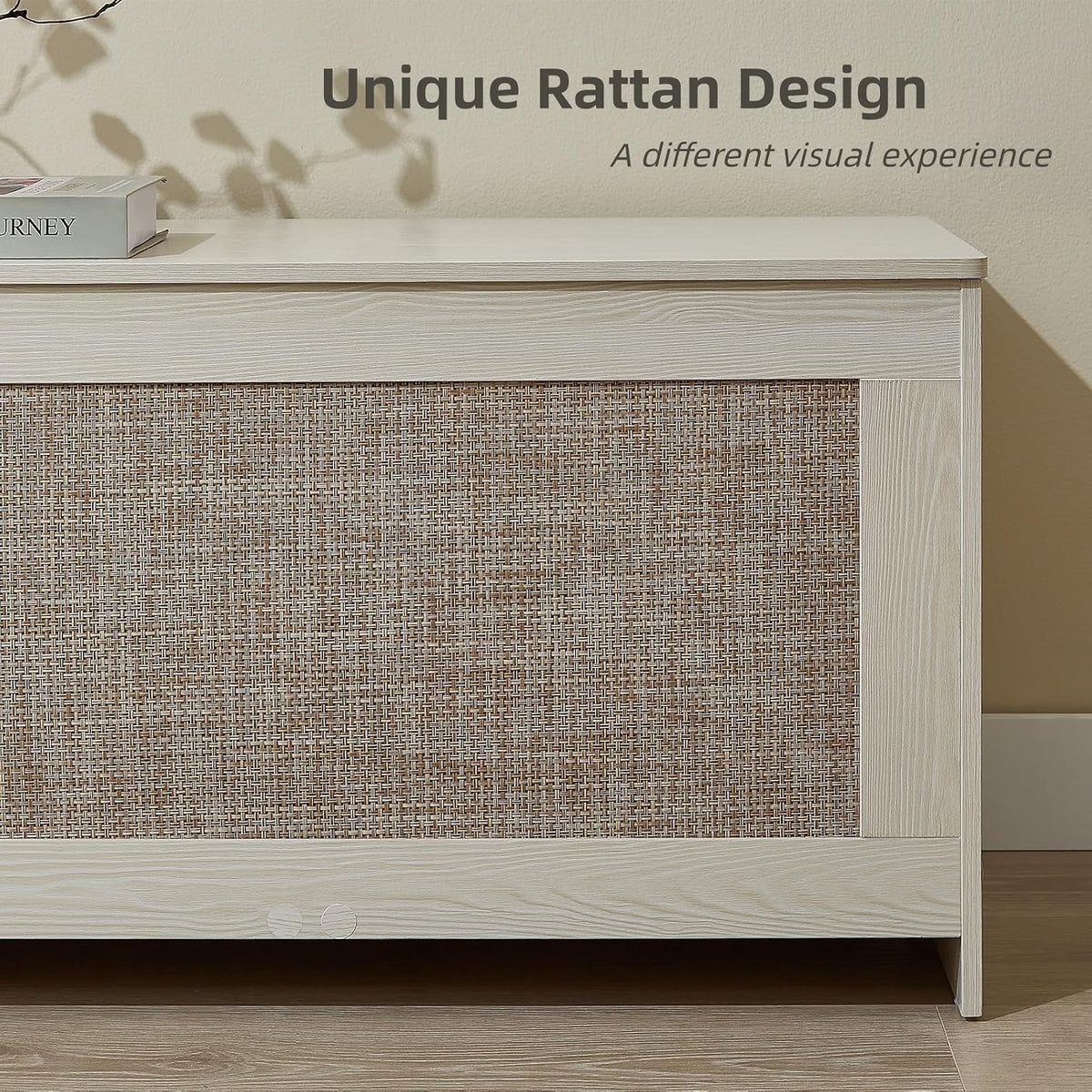 51.2" Storage Chest Large,Wooden Rattan Storage Bench.(White Cream)