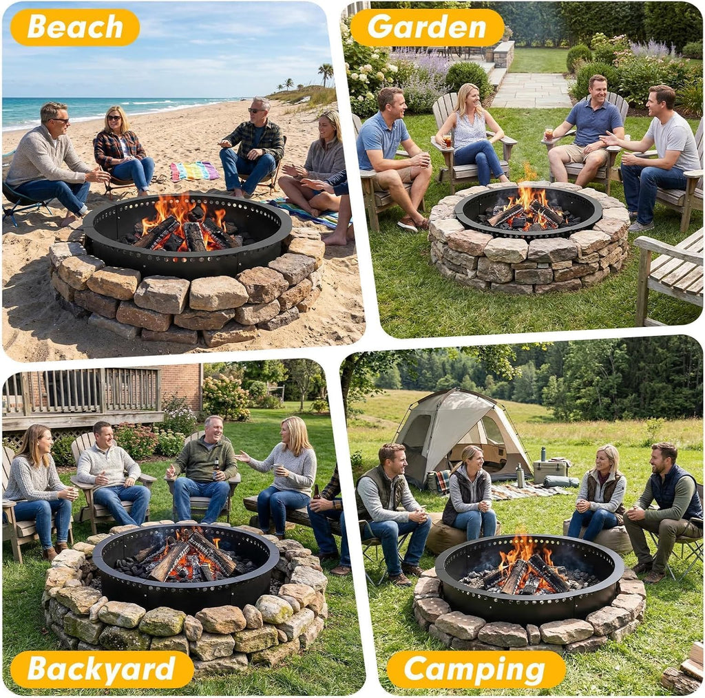 Smokeless Fire Pit Ring, 32 inch Outer/28 inch Inner Outside Fire Pit, Heavy Duty Large Solid Metal Steel Round Firepit Rim Insert for Outside Wood Burning, DIY Campfire Ring