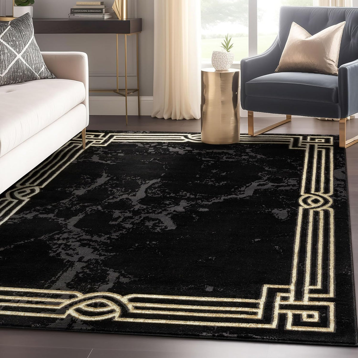 Well Woven Lezlee Abstract Modern 7'10" x 9'10" Area Rug Black Gold Marble Border - for Living Room, Dining Room, Bedroom
