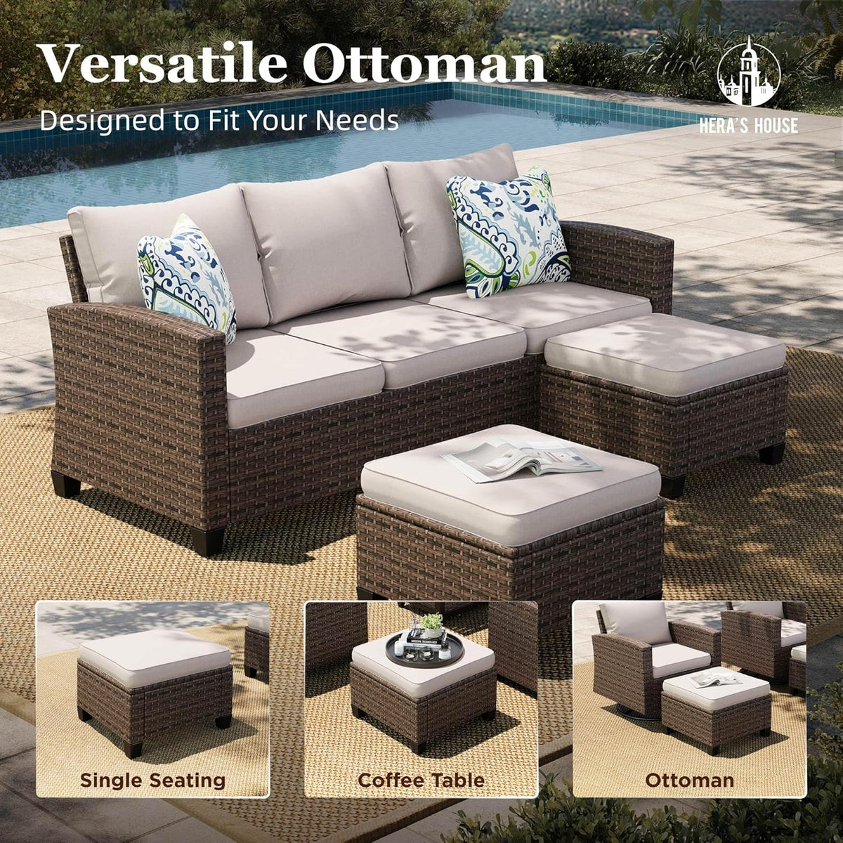 HERA'S HOUSE Swivel Glide Patio Furniture Set with Fire Pit Table Wicker