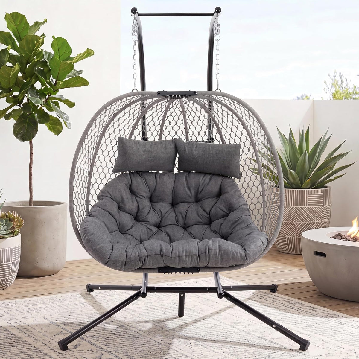 Double Egg Chair with Stand for 2 Persons, Oversized Patio Hanging Basket Chair, Honeycomb Wicker Swing Chair with Thick Cushions & Headrests, 800LBS Heavy Duty Indoor Outdoor, Light Grey