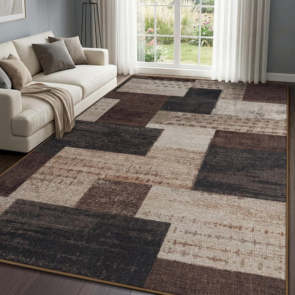 Modern Outdoor Patio Rug, Geometric Patchwork Rug for Living Room, Brown