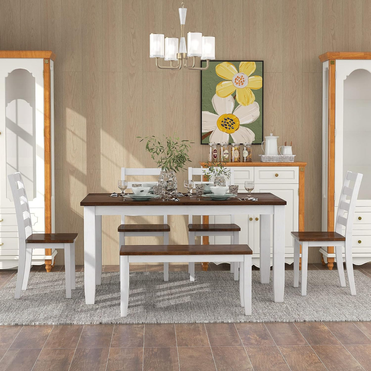 Harper & Bright Designs Modern 6 Piece Dining Table Set with Bench & 4 Upholstered Chairs, Farmhouse Wood Rectangular Kitchen Table Set for 6, Kitchen Room Furniture Set (Walnut + Cottage White)
