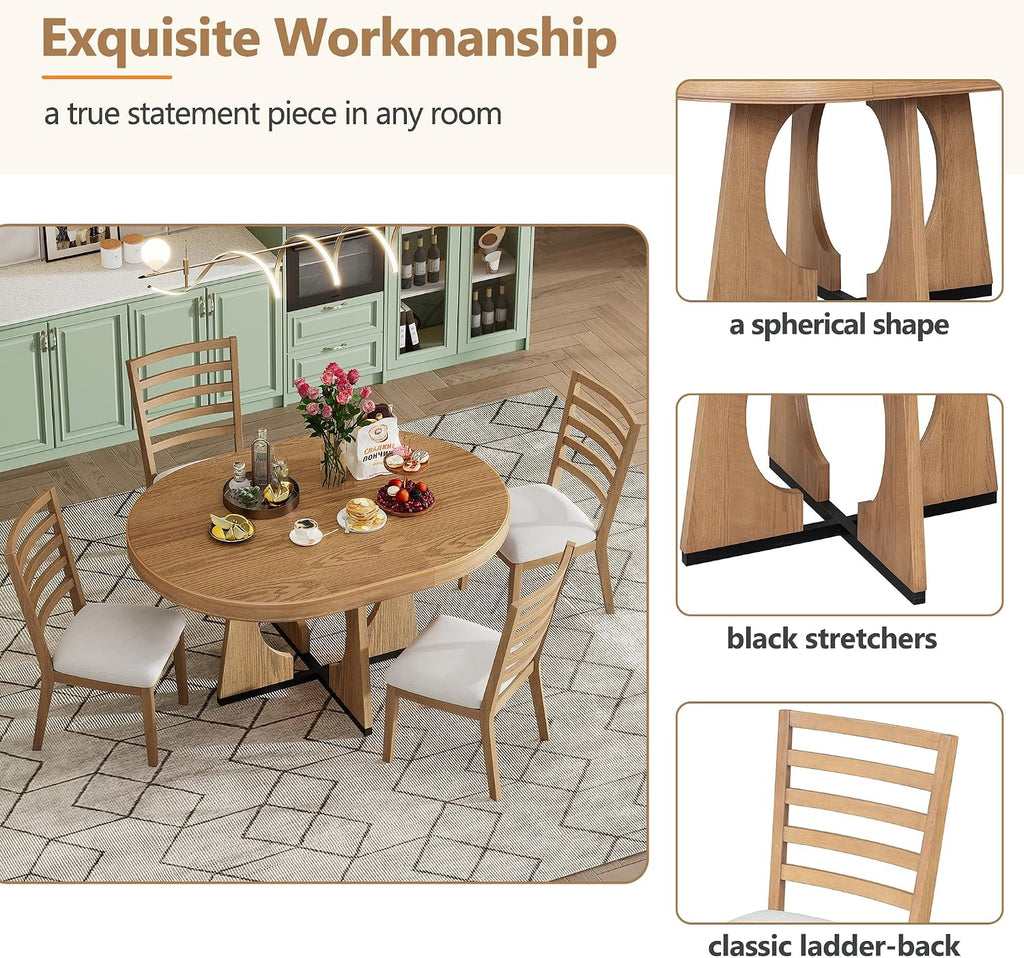 Knocbel Extendable Round Dining Table Set for 4-6, Round Dining Table with 4 Upholstered Chairs, Oval Table & Chair Sets with Unique Geometric Design for Living Room Kitchen, Natural