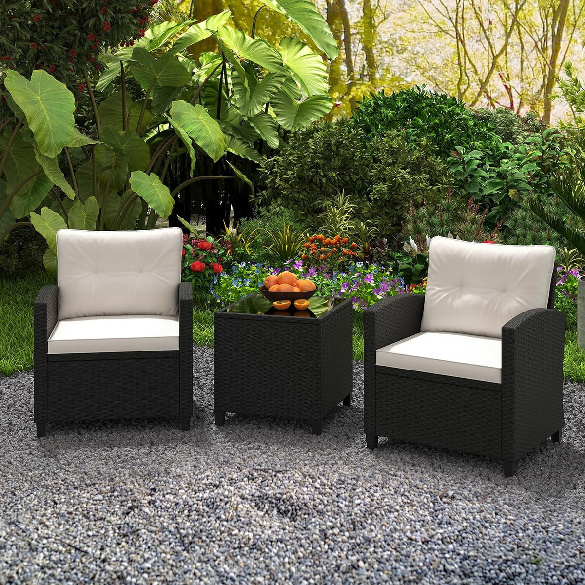 ORALNER 3 Pieces Patio Furniture Set, Black Wicker Bistro Set (White)