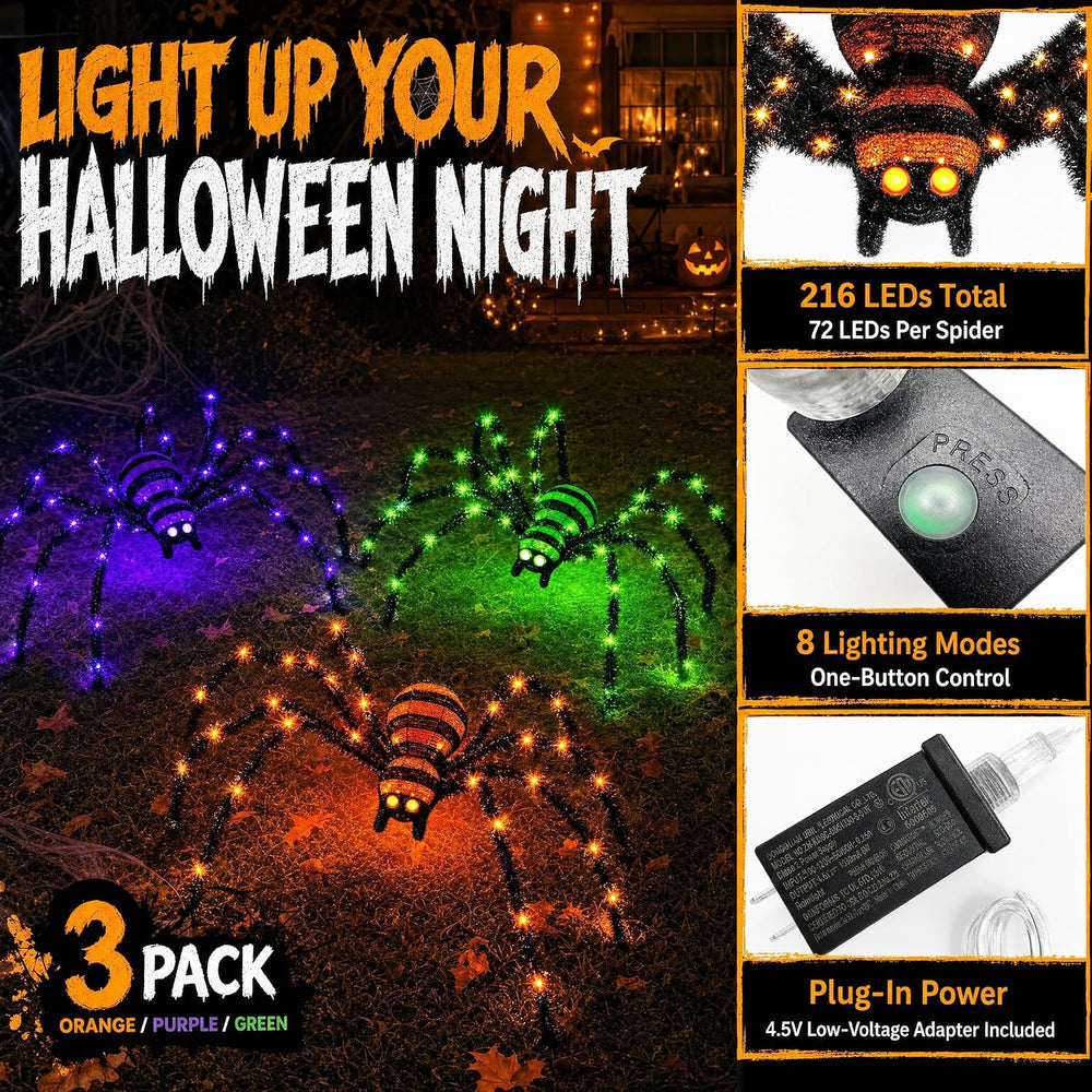 3 Pack Halloween Giant Spiders,4.1Ft Lighted Spider with 8 Lighting Modes
