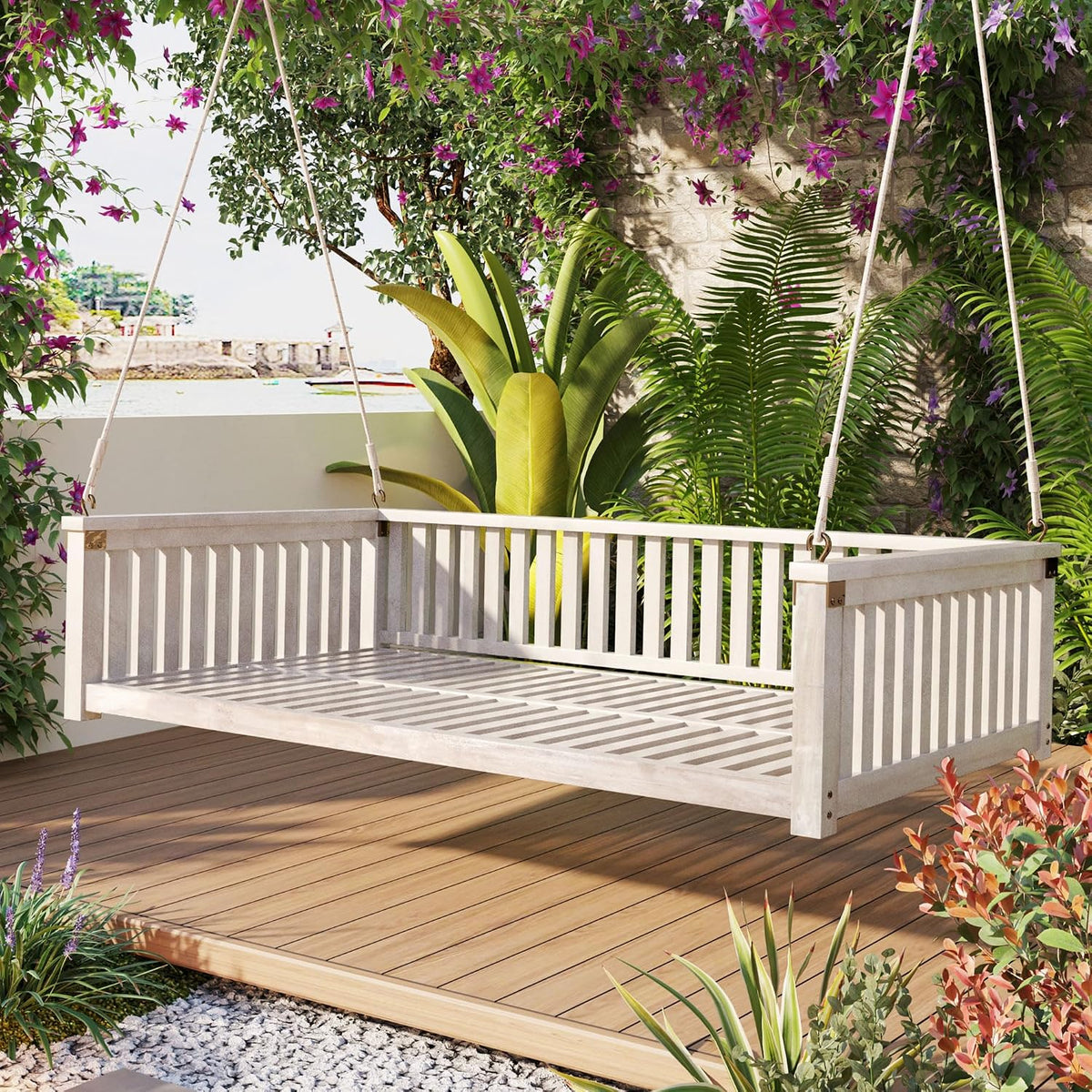 LUMISOL Outdoor Porch Swing Bed, Twin Size Acacia Wood Swing Bed Frame with Ropes, Swing Loveseat for Patio, Garden, Backyard, Safe Sloped Design, White