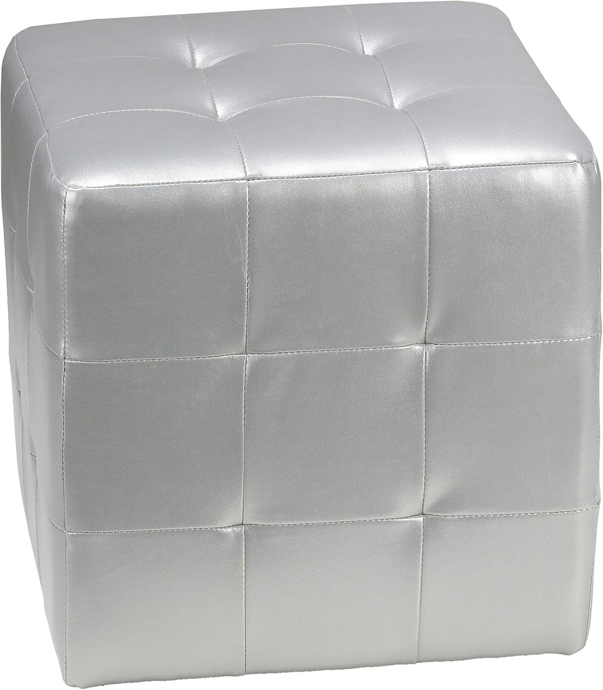 Cortesi Home Apollo Cube Ottoman in Metallic Silver Faux Leather