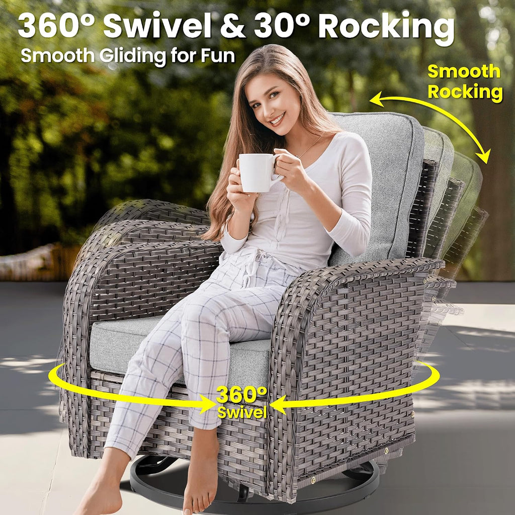 ovios 9 Pieces Patio Furniture Set, Outdoor Wicker Sofa Couch with Swivel Glider Chairs Solar Lights Table, Modern Deep Seat Rattan Conversation Sets for Deck Porch, Dark Grey