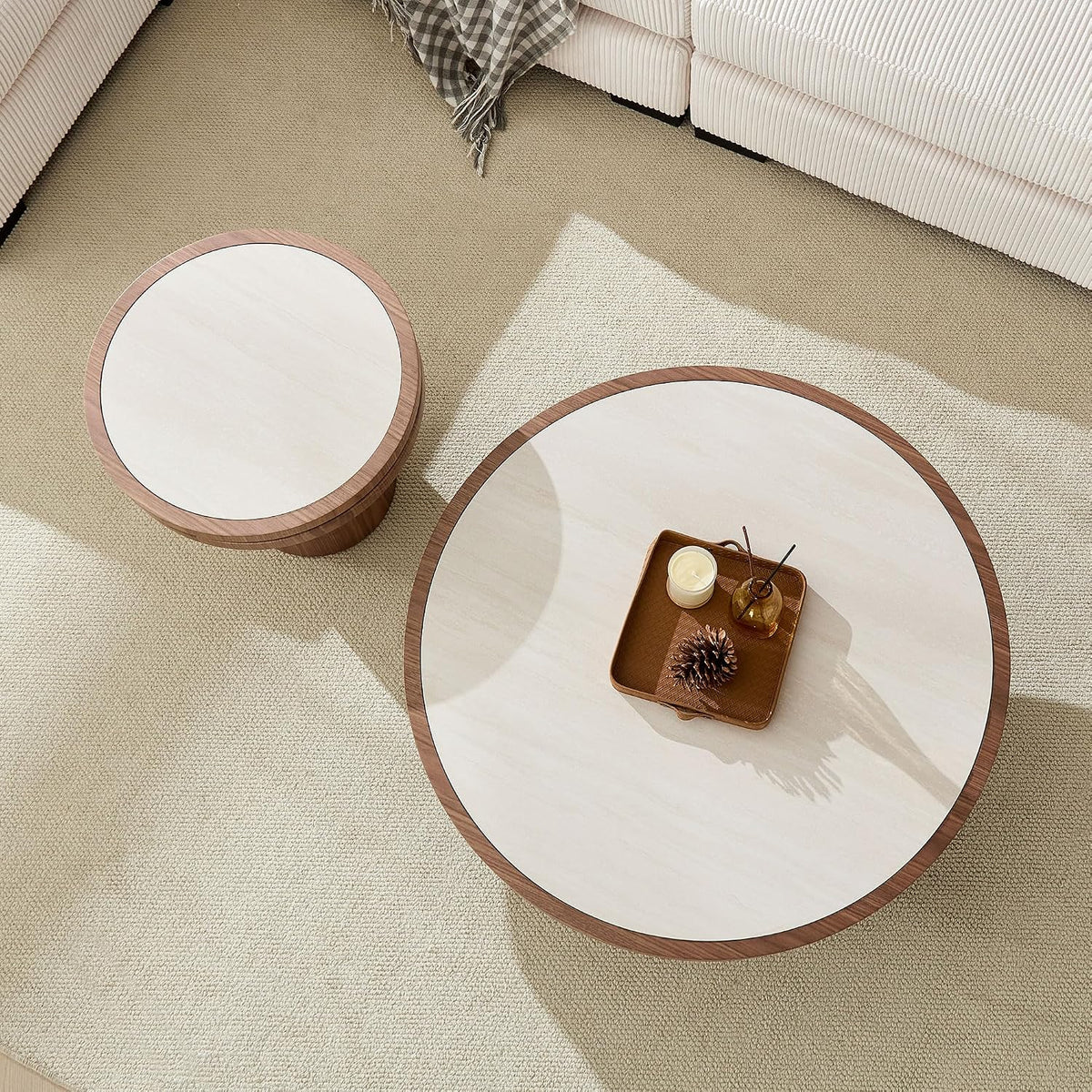 Sintered Stone Coffee Table Set of 2, 2 Piece Coffee Table and End Table Set with Sintered Stone Top, Modern Center Circle Side Tables for Living Room Bedroom, Walnut