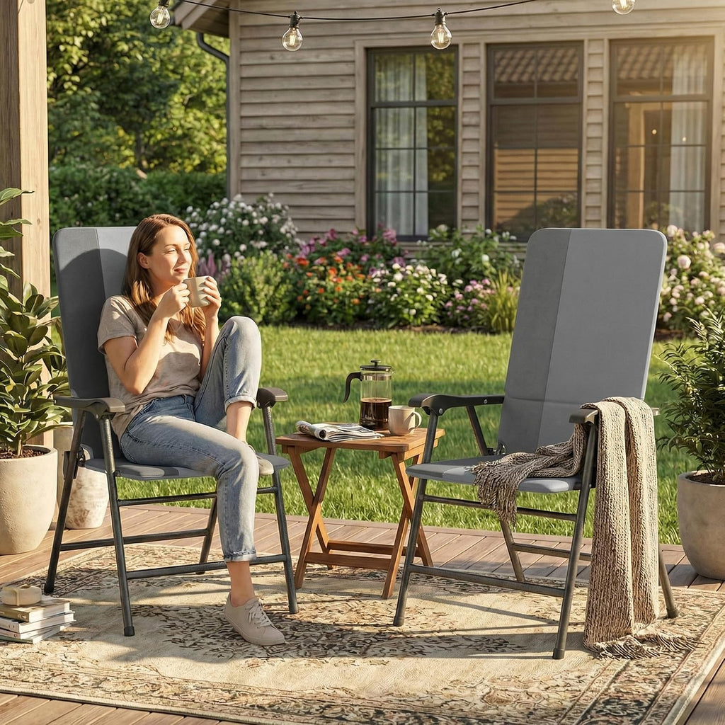Outsunny Folding Patio Chairs Set of 2 Padded High Back Armrests Light Gray
