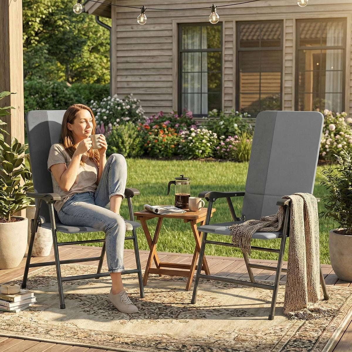 Outsunny Folding Patio Chairs Set of 2 Padded High Back Armrests Light Gray