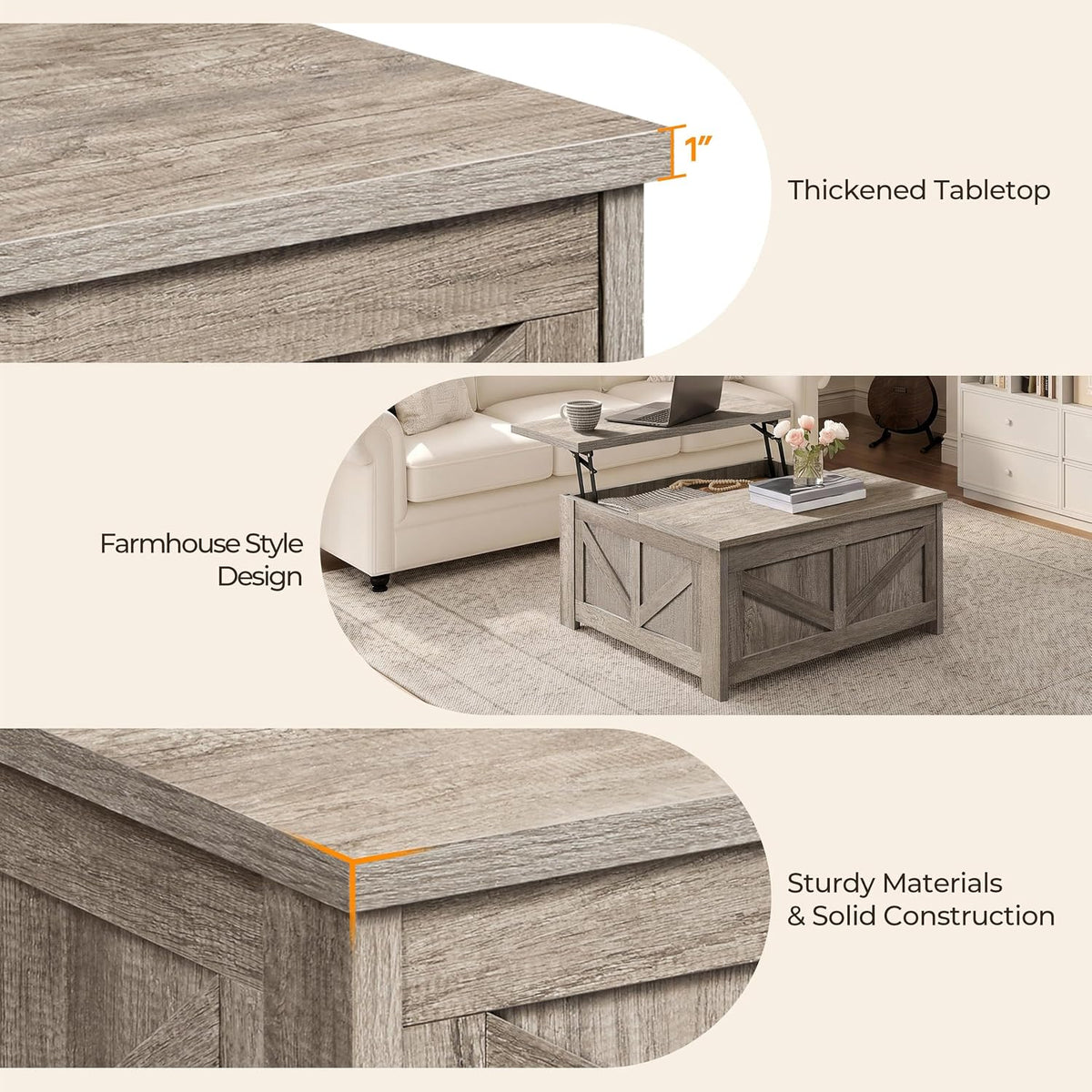 Yaheetech 31.5" Farmhouse Lift Top Coffee Table with Hidden Storage, Gray