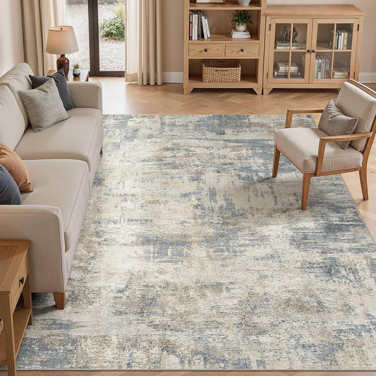 cotiled 10x14 Area Rugs Living Room: Washable Abstract Rug Light Blue