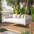 LUMISOL Outdoor Porch Swing Bed, Twin Size Acacia Wood Swing Bed Frame with Ropes, Swing Loveseat for Patio, Garden, Backyard, Safe Sloped Design, White