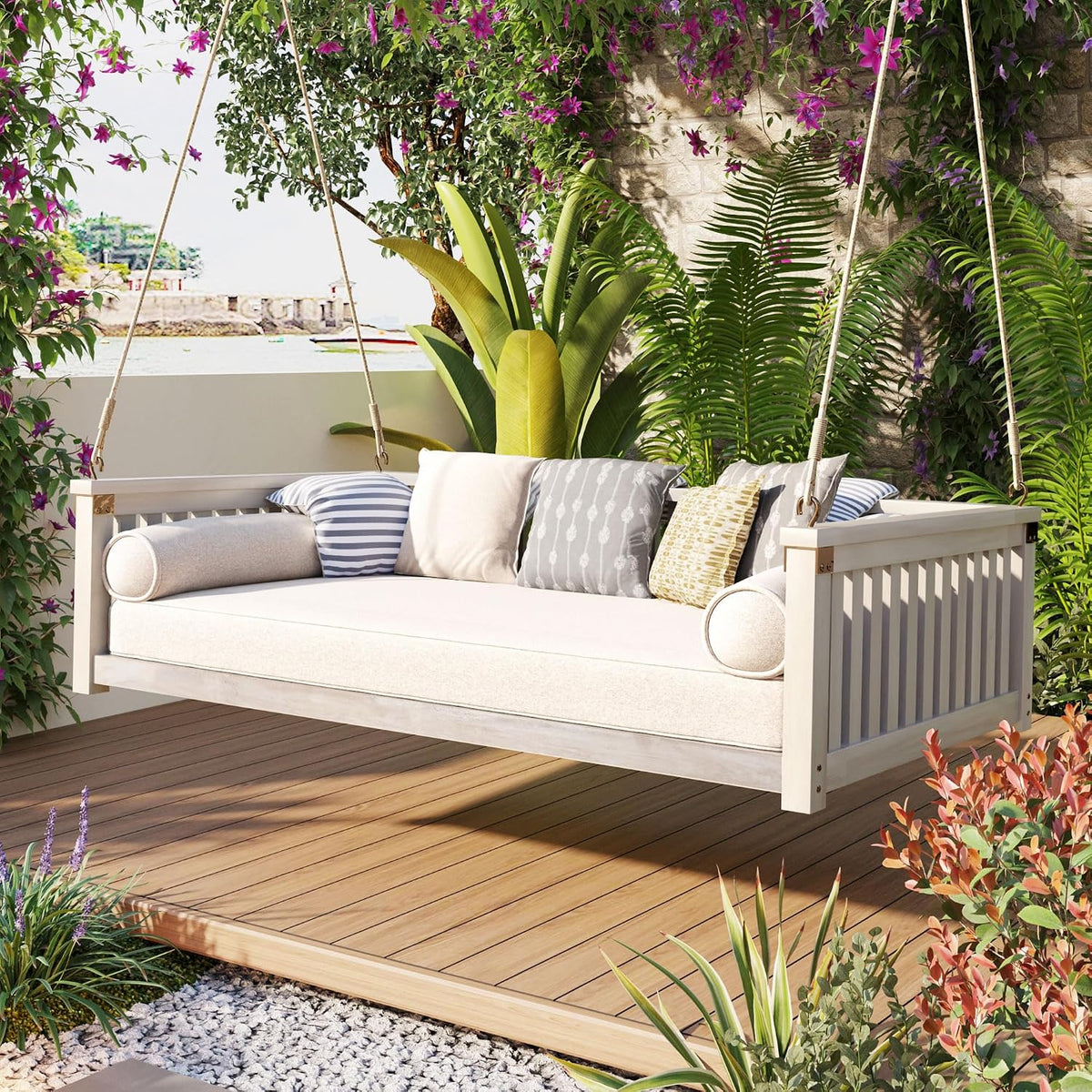 LUMISOL Outdoor Porch Swing Bed, Twin Size Acacia Wood Swing Bed Frame with Ropes, Swing Loveseat for Patio, Garden, Backyard, Safe Sloped Design, White