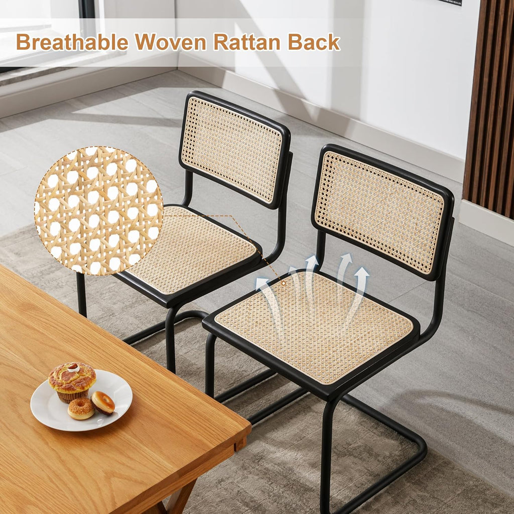 Flouki Rattan Dining Chairs Set of 4, Boho Accent Chairs for Kitchen Room with Natural Cane Mesh, Mid Century Cantilever Design, Solid Rubber Wood