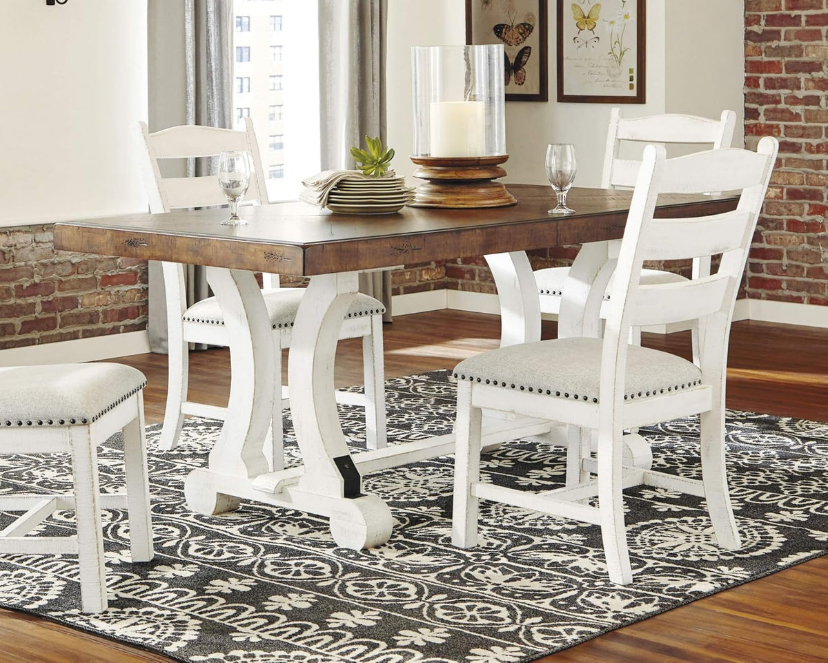 Signature Design by Ashley Valebeck Farmhouse Rectangular Extension Dining Table, Fits up to 8, White & Brown Valebeck Vintage Farmhouse Cushioned Dining Chair, 2 Count, Whitewash