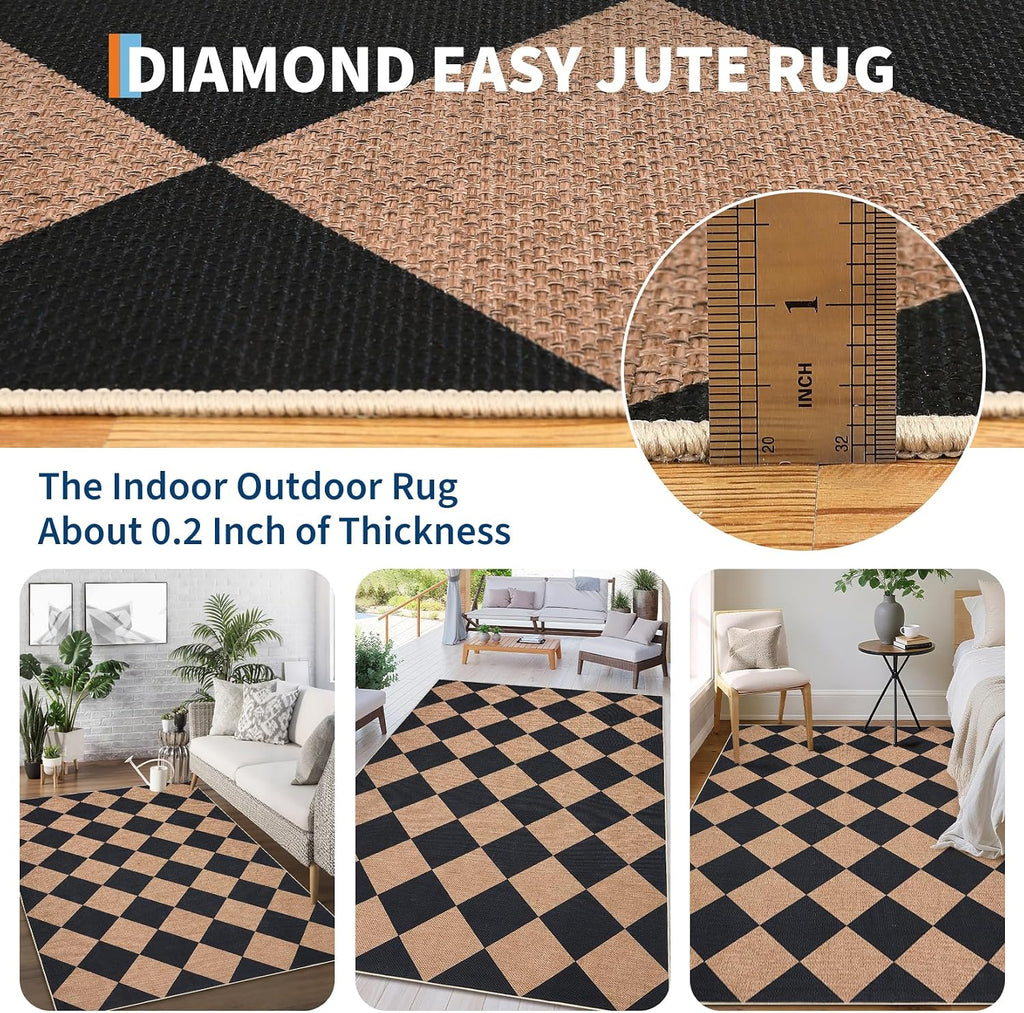 Garvee 6x9 Geometric Entryway Rug Easy Jute Washable Rugs, Black Brown