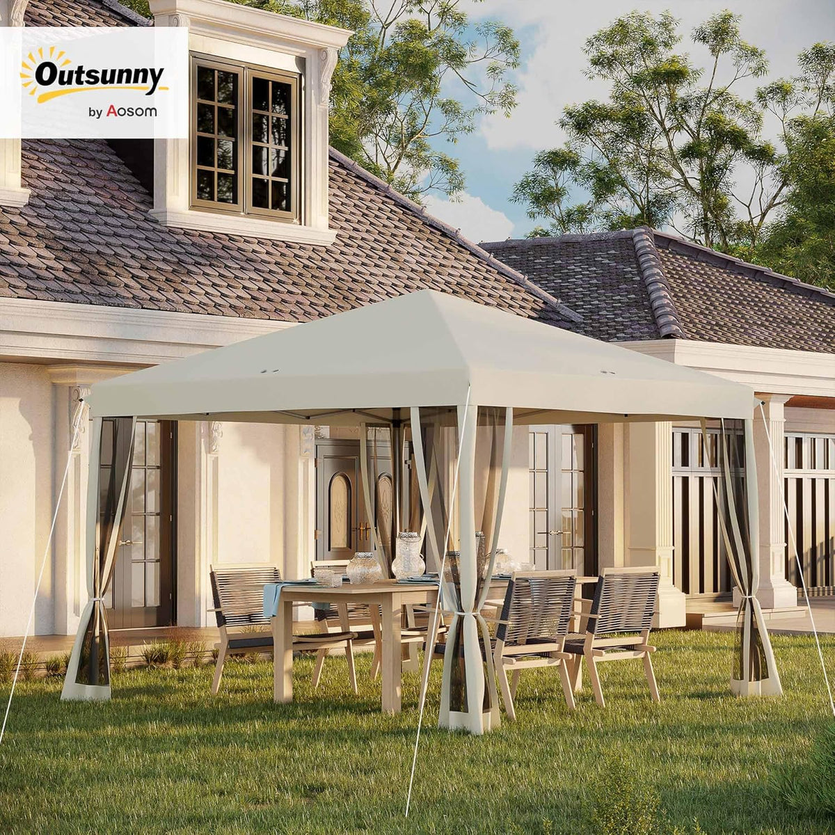 Outsunny 10' x 10' Pop Up Canopy Tent with Netting Carry Bag Beige