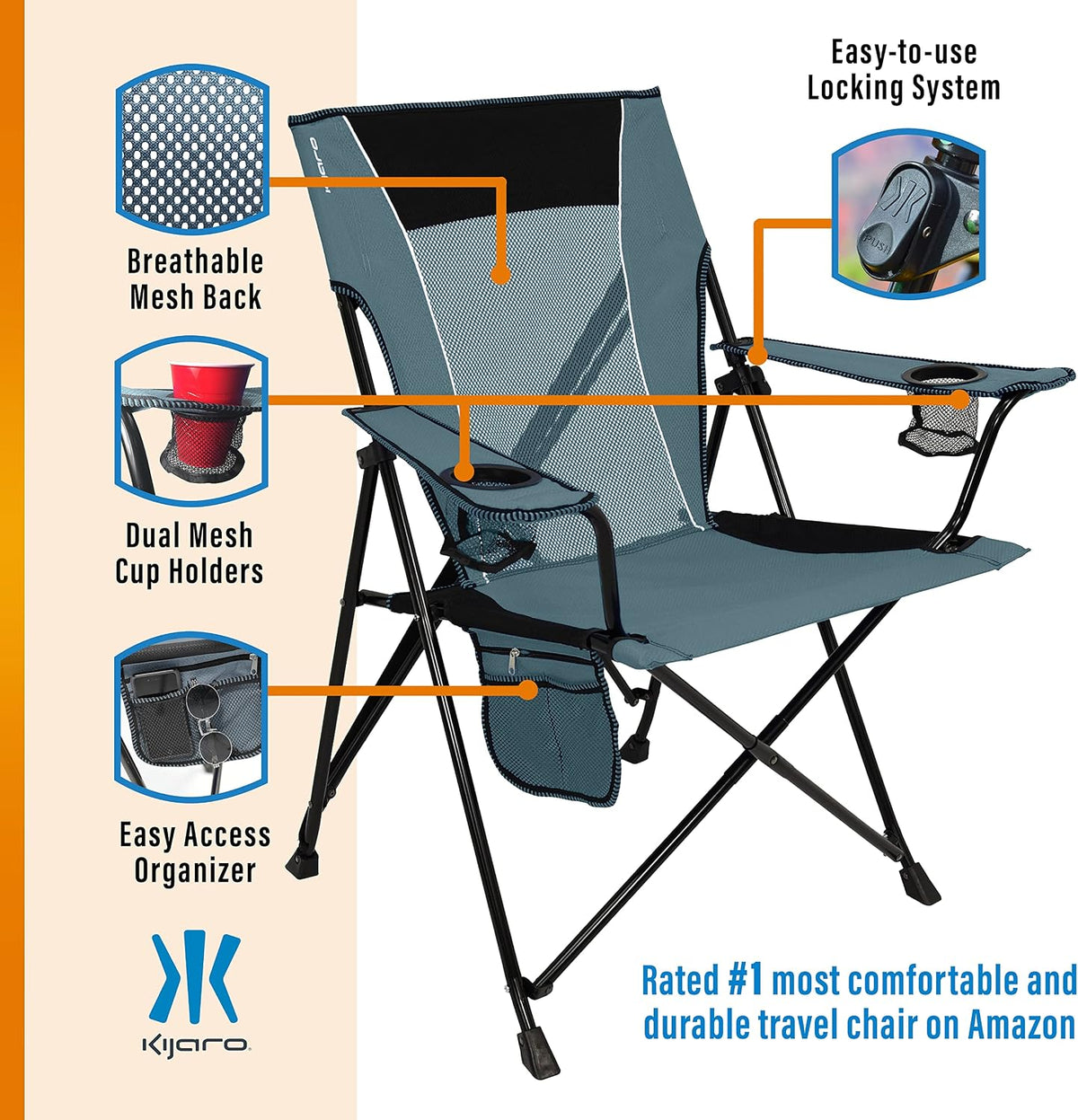 Kijaro Portable Camping Chairs - Enjoy the Outdoors with a Versatile Folding Sports Chair for Outdoor & Lawn - Dual Lock Feature Locks Position – Hallet Peak Gray