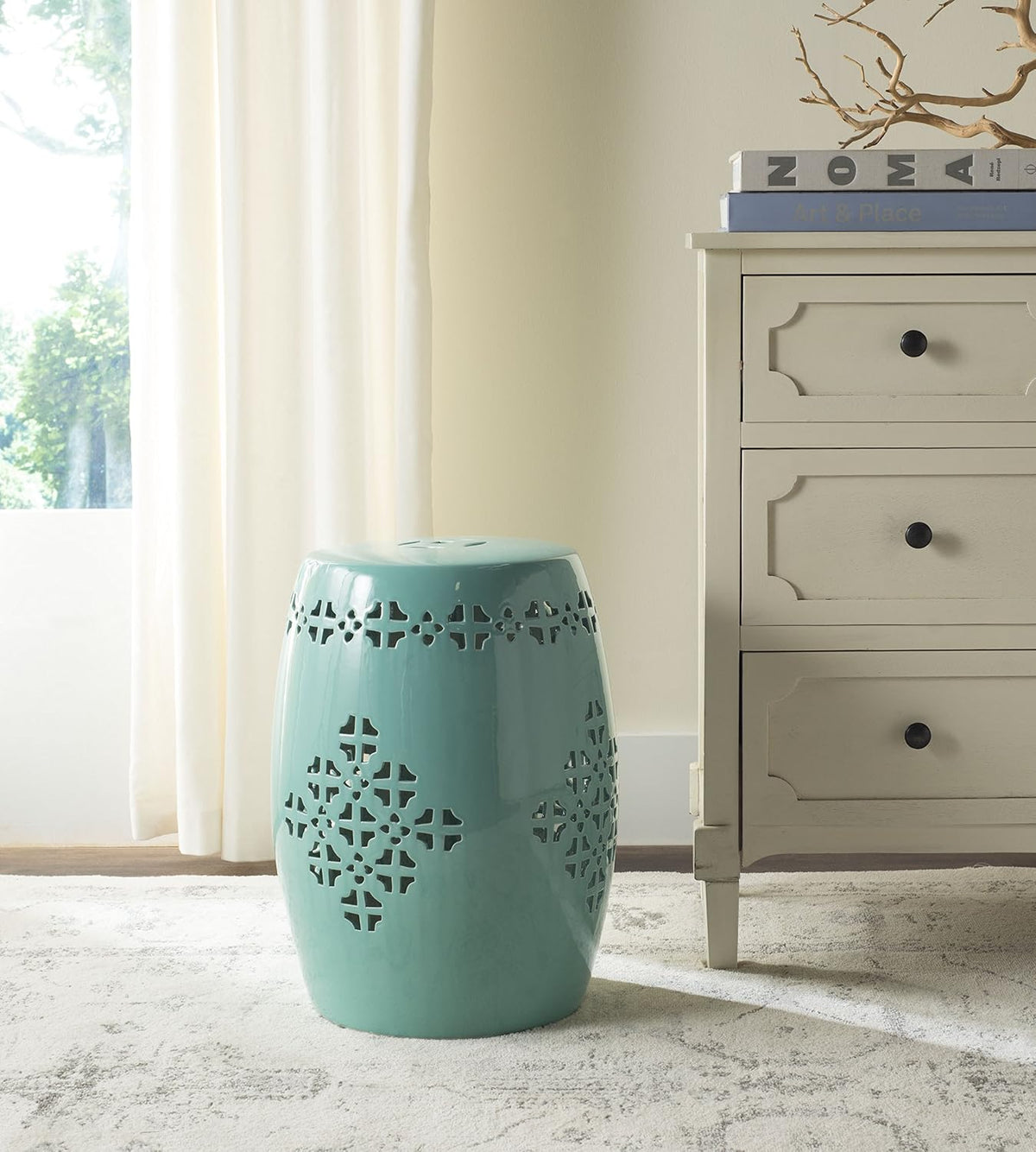 Safavieh Quatrefoil Ceramic Decorative Garden Stool, Light Blue