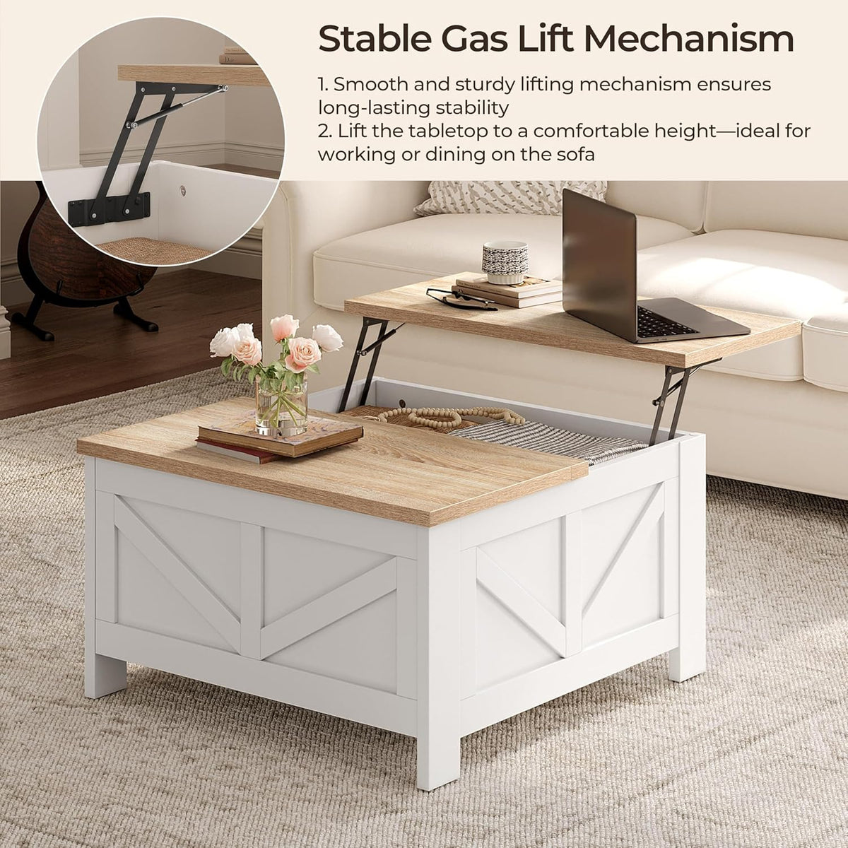 Yaheetech 31.5" Square Lift Top Coffee Table with Storage, White&Light Oak