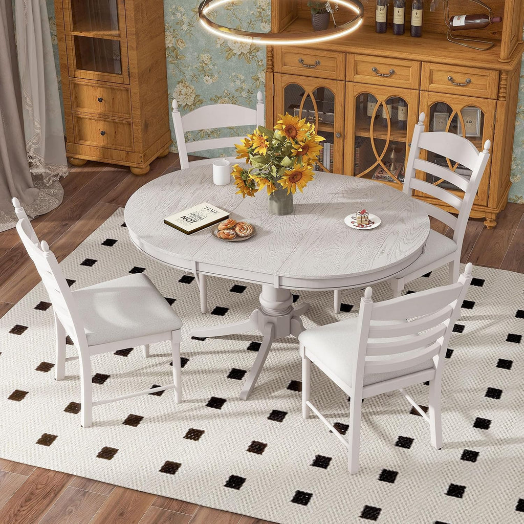 LUMISOL 5-Piece Solid Wood Dining Table Set for 4, Farmhouse Kitchen Table Set with Extendable Round Table & 4 Upholstered Chairs for Kitchen, Dining Room, Small Space, Antique White