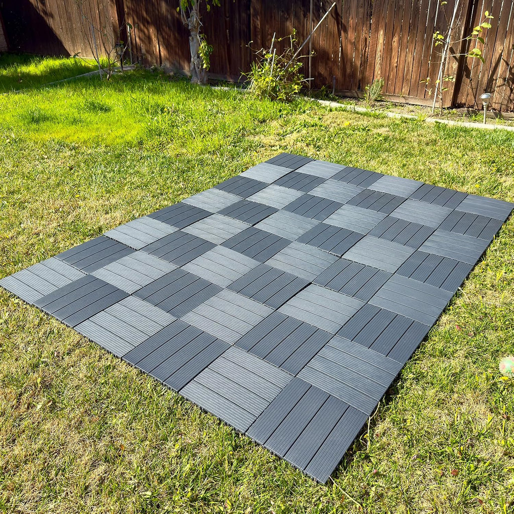 9 Pack Plastic Interlocking Deck Tiles, Patio Deck Tiles Waterproof Outdoor Flooring 12" x 12"All Weather Uses for Porch Poolside Balcony Backyard Pathway, Charcoal Gray