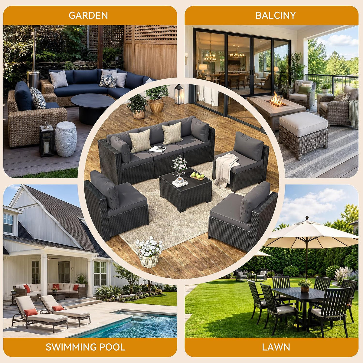 Aoxun 7-Piece Outdoor Furniture, Patio Furniture Sets with Thick Cushions, Wicker Conversation Set Sectional Sofa for Backyard, Poolside, Garden