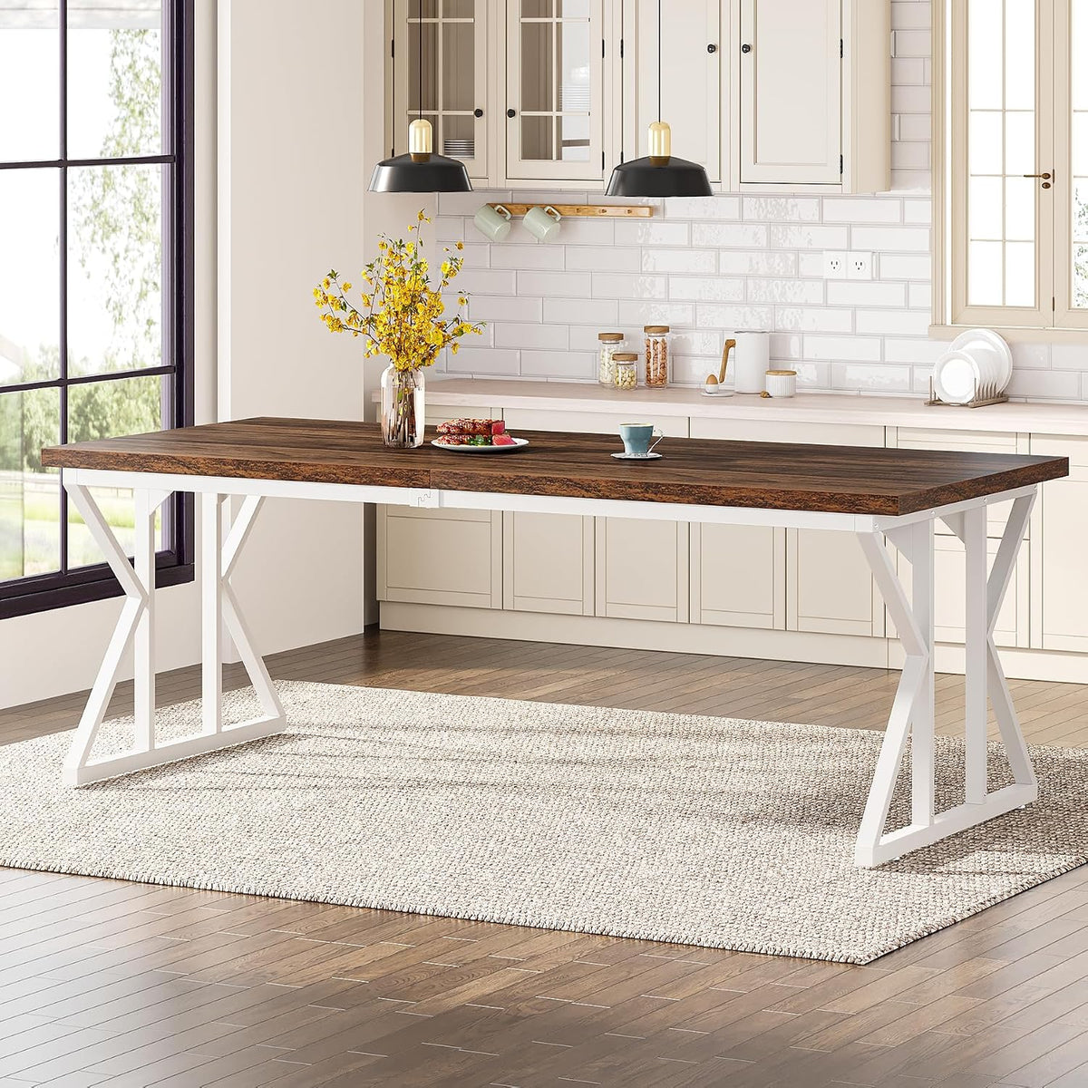 Tribesigns Farmhouse Dining Table for 6-8 People, 78.7-Inch Rectangular Wood Dining Table, Rustic Kitchen Table with Heavy Duty Metal Legs for Dining Room