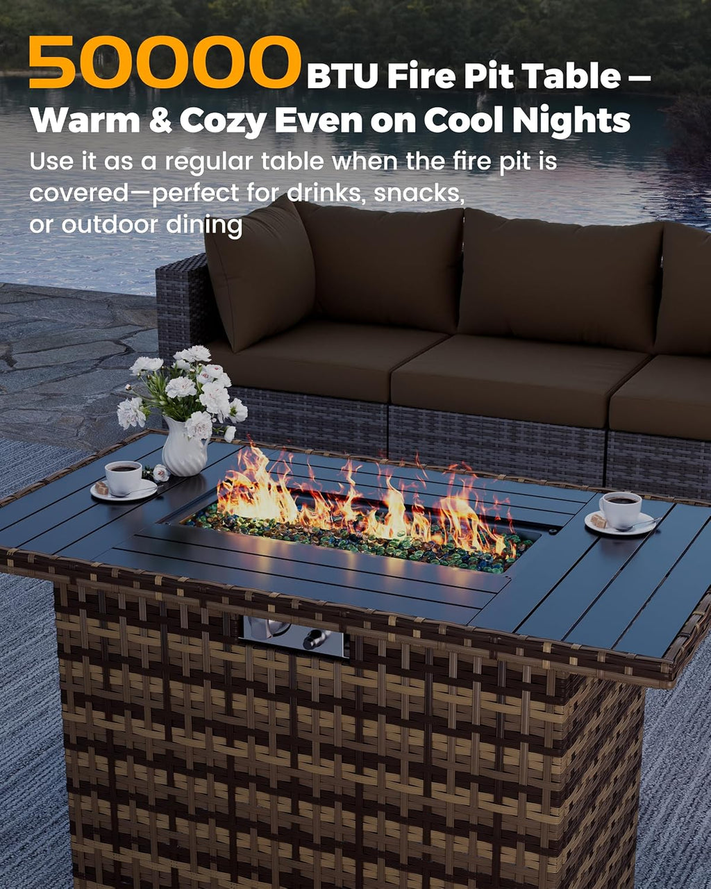 UDPATIO Outdoor Furniture 8-Piece Wicker Patio Set with 44" Fire Pit Table