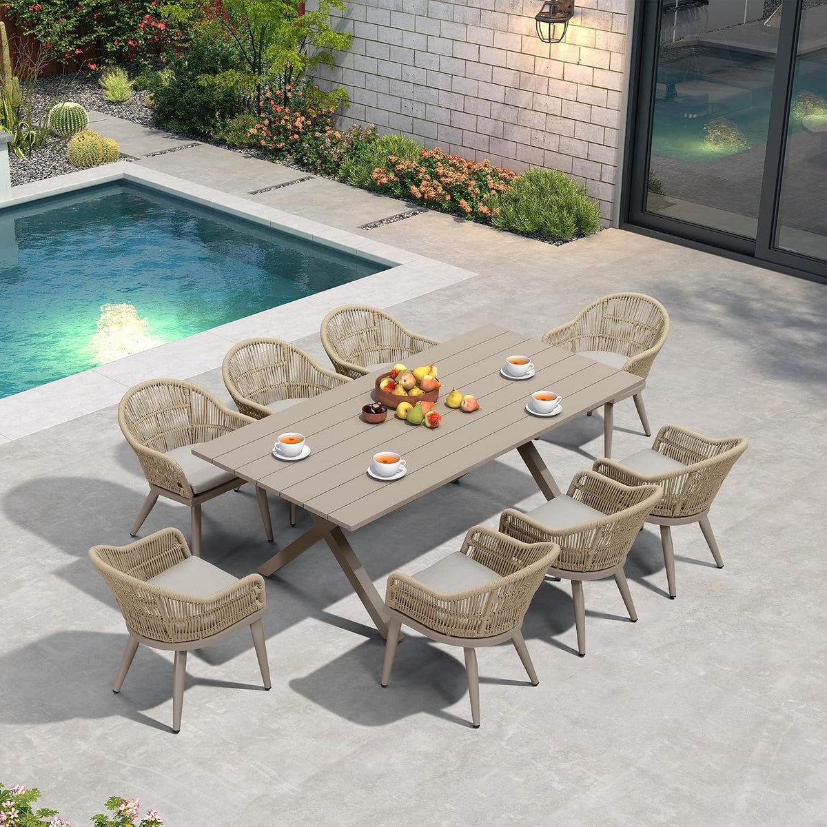PURPLE LEAF 9 Pieces Outdoor Dining Set with Cushion Wicker, Champagne