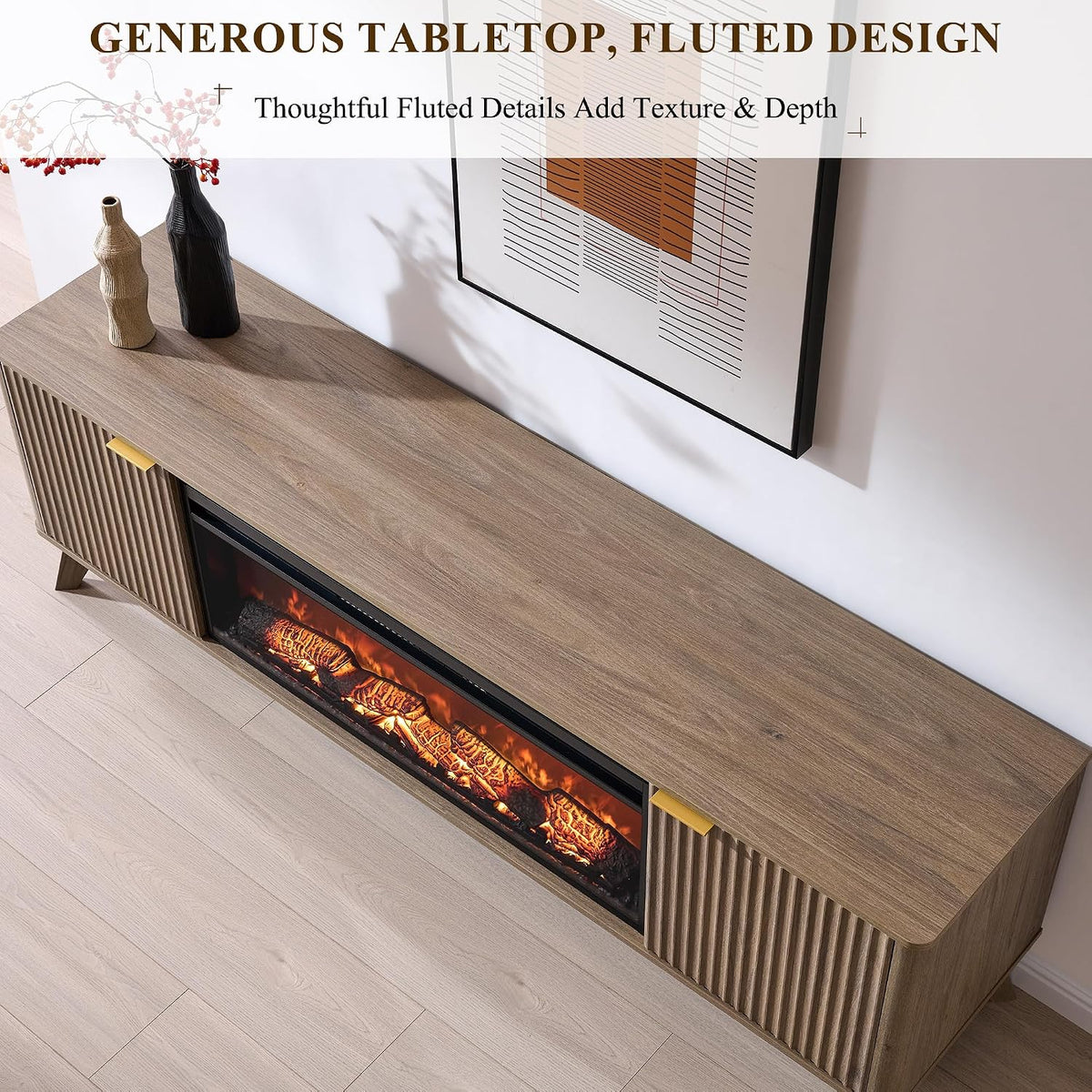 OKD 70" Fluted Fireplace TV Stand with 36" Electric Fireplace, Alder Grey